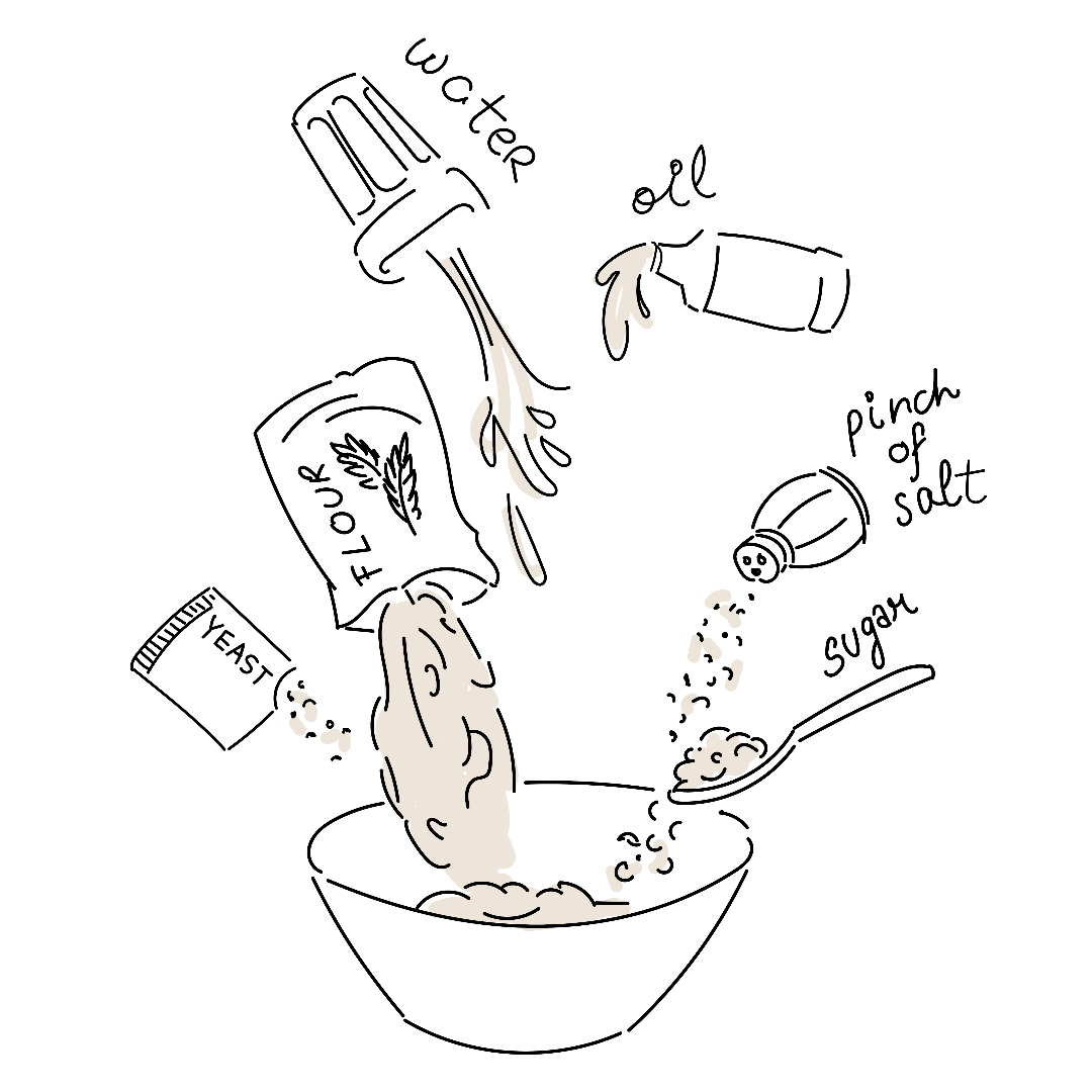 Illustration showing clean and recognizable ingredients used in Barken’s bread including water, oil, salt, and flour – representing transparency and simplicity.